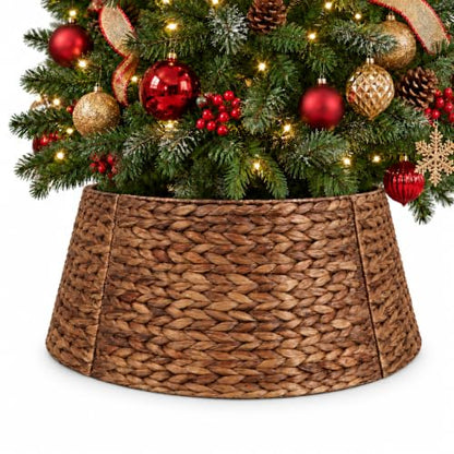 24 Inch Woven Water Hyacinth Wicker Christmas Tree Collar Basket with Cord Cutout