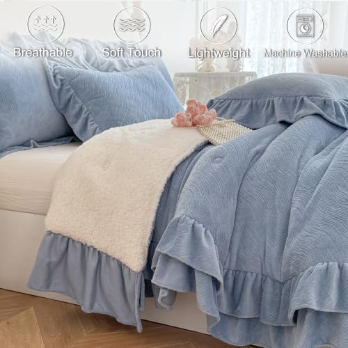 Twin Fluffy Sherpa Comforter Set Blue Ruffle Bedding - Super Soft Fleece