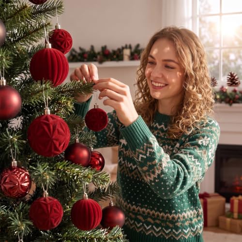 52 Pcs Velvet Christmas Ball Ornaments Set - Burgundy Flocked Holiday Decorations