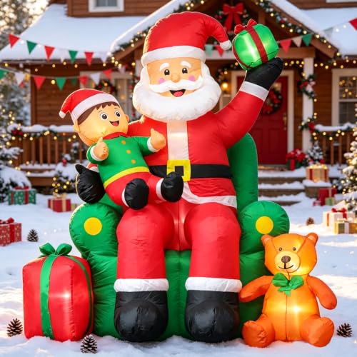 DomKom 6FT Large Horizontal Christmas Inflatable Santa on Throne with Lights