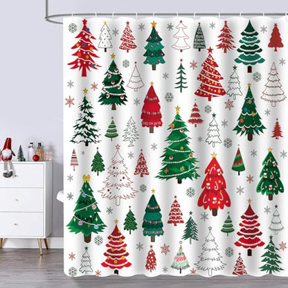 Christmas Shower Curtain Set with Snowman and Tree Design - Red Green White, 72x72 inches