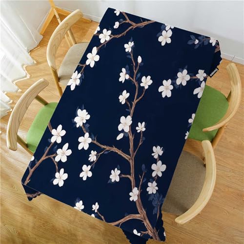 Cherry Blossoms Tablecloth 52x70 Inch Rectangular Navy Blue & White Flower Design - Wipeable Kitchen Dining Decor