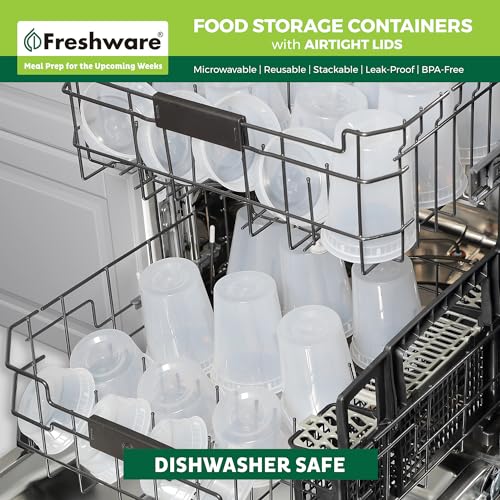 Freshware 48 Pack of 16 and 32 oz, 24 sets each size Food Storage Containers with Lids, Plastic Deli Containers, Meal Prep Containers, Microwave and Freezer Safe, Stackable, Leakproof, BPA Free, Clear