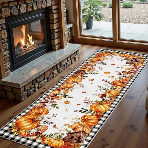 Orange and White Buffalo Plaid Fall Harvest Kitchen Runner Rug 2x6ft - Rustic Leaf Design