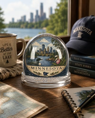 Minnesota Vintage State Seal Snow Globe with City Skyline and Lake Scene