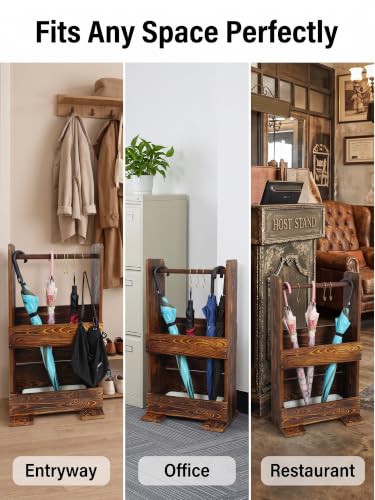 Vintage Charred Pine Wooden Umbrella Stand with 5 Hooks & Drip Tray - Entryway Organizer