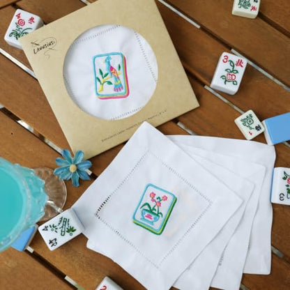 Set of 4 Mahjong Embroidered Cotton Cocktail Napkins - 6x6 Inches, Reusable & Eco-Friendly Table Decor