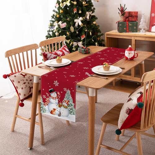 Red Snowman Christmas Table Runner 13x90 Inch Pine Trees Snowflakes Holiday Decor - Variation: Red Snowman-1