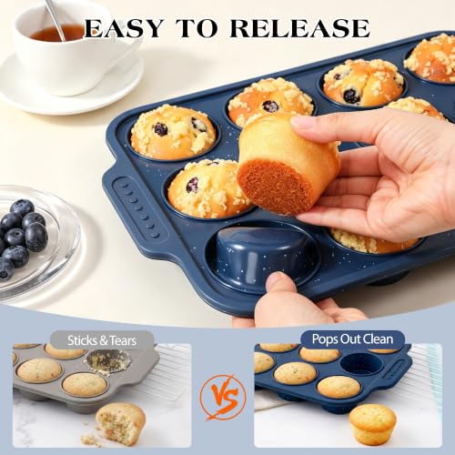 Silicone Muffin Pan with Metal Reinforced Frame - 12 Cups, Dark Blue