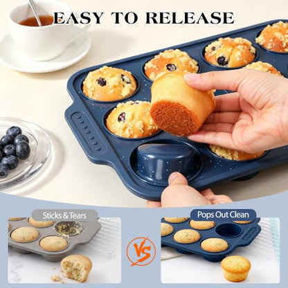 Silicone Muffin Pan with Metal Reinforced Frame - 12 Cups, Dark Blue