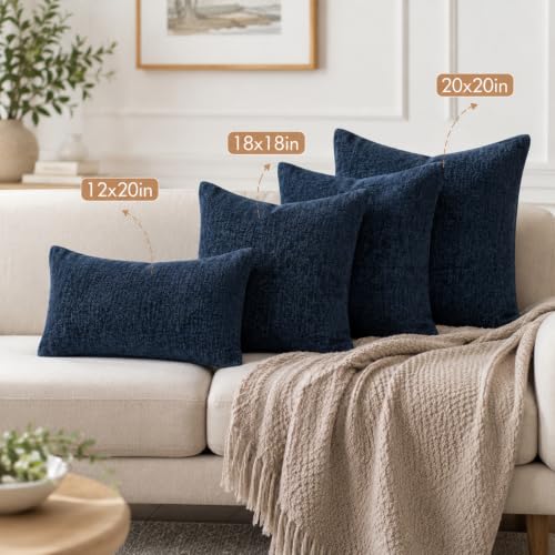 Chenille Decorative Throw Pillow Covers 18x18 Inch Navy Blue Pack of 2 - Soft Velvety Fabric