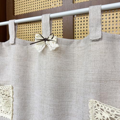 Boho Linen Oven Curtain with Crochet Storage Pocket - Beige, 30x24 Inches