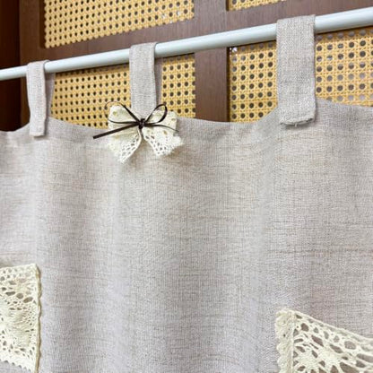 Boho Linen Oven Curtain with Crochet Storage Pocket - Beige, 30x24 Inches