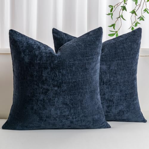 Chenille Decorative Throw Pillow Covers 18x18 Inch Navy Blue Pack of 2 - Soft Velvety Fabric