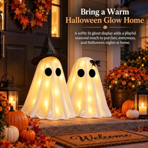 Halloween Light Up Ghosts Decoration Set - Indoor Spooky Tabletop Decor with String Lights