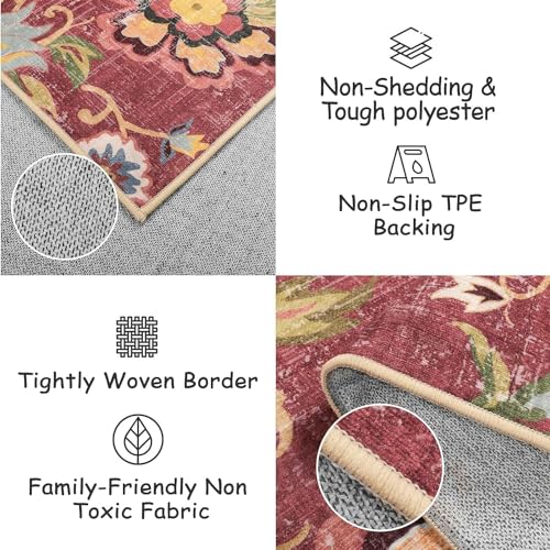 Beeiva Floral Runner Rug Non Slip 2.5x12 Feet Vintage Red Floor Runner