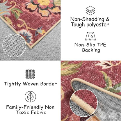 Beeiva Floral Runner Rug Non Slip 2.5x12 Feet Vintage Red Floor Runner