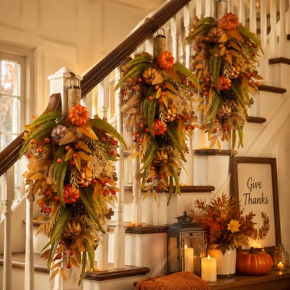 27.5-Inch Fall Harvest Teardrop Swag for Front Door - Autumn Thanksgiving Decor - Irregular Variation 1