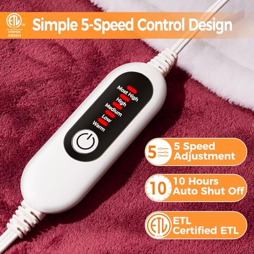 Electric Heated Blanket Throw 50x60 Inches with 5 Heat Levels & Auto Shut Off