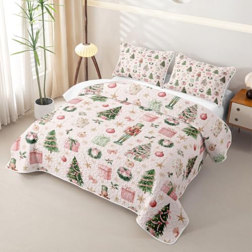 Manfei Quilted Bedspread Set Queen Size 3 Pieces Pink Green - Includes 1 Quilt & 2 Pillowcases