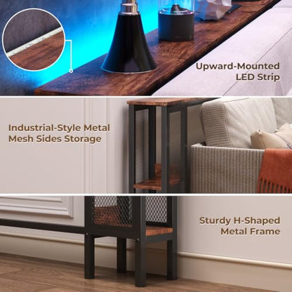78.7-Inch Long Behind Couch Table with RGB Lights, Outlets & Bookcase - Narrow Space