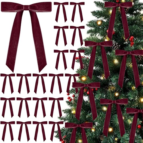 25 Velvet Christmas Bows for Holiday Decor - Burgundy, 1 Inch Wide