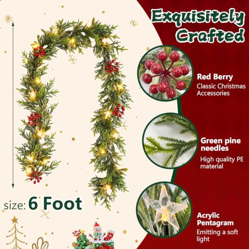 6FT Pre-Lit Christmas Garland with Lights - Battery Operated, Warm White LED, Timer