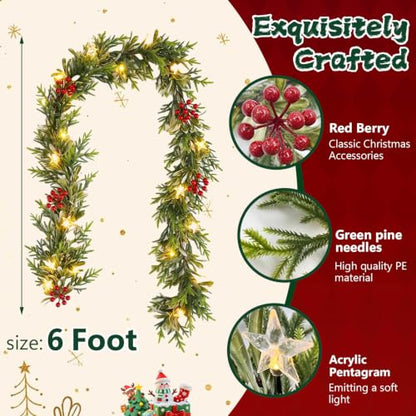 6FT Pre-Lit Christmas Garland with Lights - Battery Operated, Warm White LED, Timer