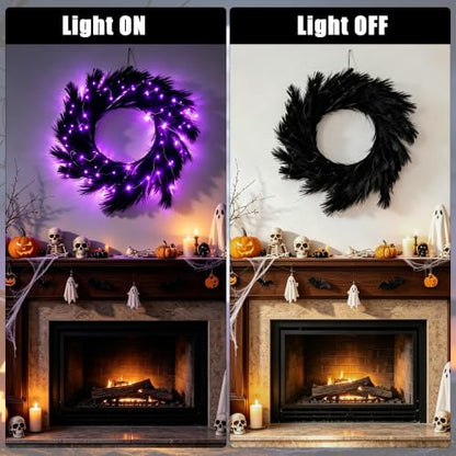 26-Inch Halloween Wreath with Lights, Black Pampas Decor, Boho Front Door Decoration