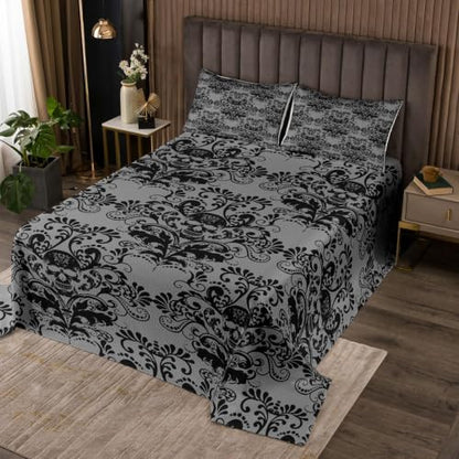 Black Damask Skull Bedspread Quilt Set King Size with Pillowcases - Gothic Vintage Style