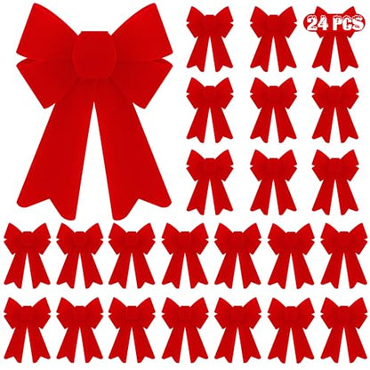 24PCS Red Velvet Christmas Bows Holiday Tree Decor Indoor Outdoor