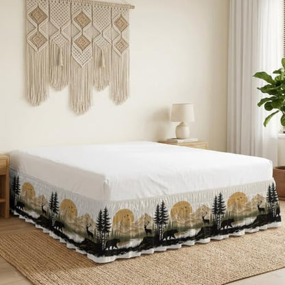 Queen Size Bear Deer Mountain Bed Skirt 16-Inch Drop Rustic Black Brown