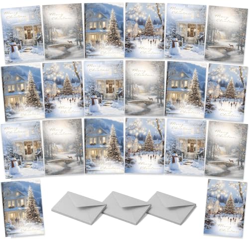 Christmas Card Pack 20 - Painted Winter Scenes - Holiday Greeting Cards with Envelopes