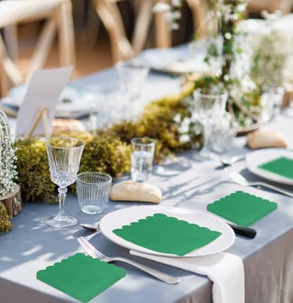 50 Pieces Green 3-Ply Disposable Cocktail Napkins - Scalloped, 5x5 Inches