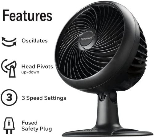 Honeywell TurboForce Table Fan - 10 Inch Oscillating Design with 3 Speed Settings | Black (Renewed)