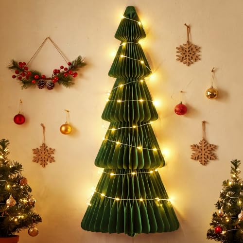 Wall-Mounted 3FT Christmas Tree with LED Lights, Honeycomb Paper Decor