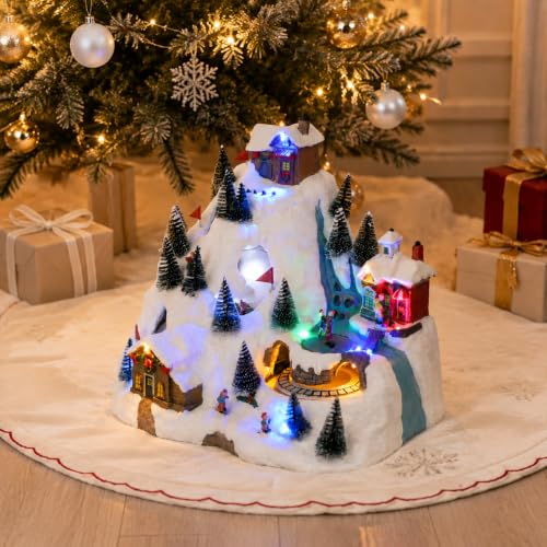 Animated Christmas Village Ski Mountain with Moving Train & Skaters - Holiday Decor
