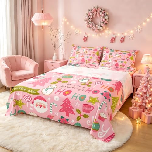 Pink Christmas Bed Sheets Set Twin with Santa Snowman Deer & Tree Design - Variation of Multi 43 / Twin