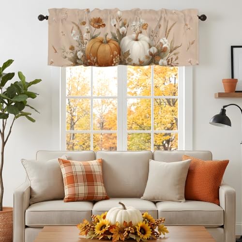 Pumpkin Leaves Fall Valance for Windows - Seasonal Short Curtain for Kitchen & Bathroom