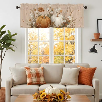 Pumpkin Leaves Fall Valance for Windows - Seasonal Short Curtain for Kitchen & Bathroom
