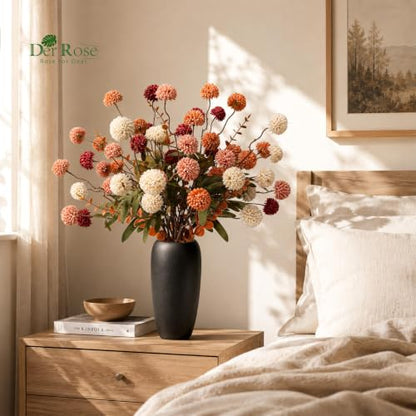 Artificial Fall Flowers with Vase - Burnt Orange Silk Mum Arrangement, 18 Pcs
