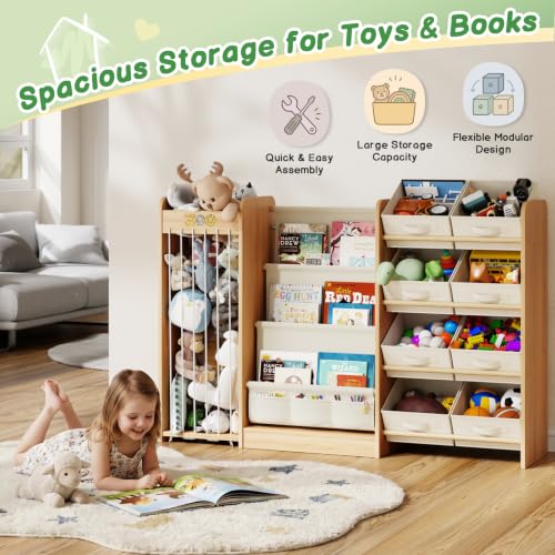 Kids Toy Organizer with Bookshelf & Stuffed Animal Storage 51 Inch Burlywood