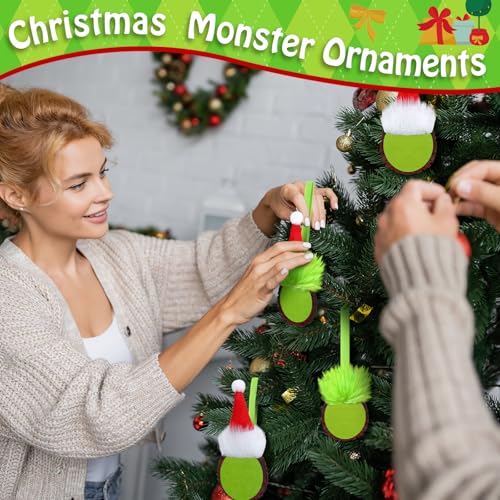 24 Pack Christmas Green Monster Ornaments - Wooden Hanging Holiday Decor