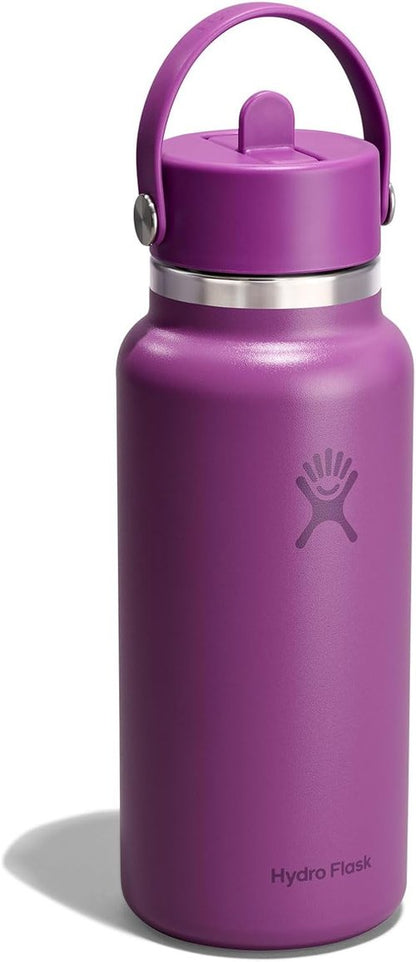 Hydro Flask Water Bottle - Insulated Stainless Steel with Wide Mouth Flex Straw Lid | 32 Oz Supernova Purple, Leakproof & Refillable