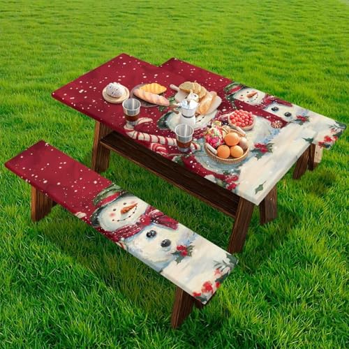 Snowman Picnic Table Cover with Bench Covers - Waterproof Christmas Outdoor Table Cover, 94 x 30 in, Cute Snowman Variation