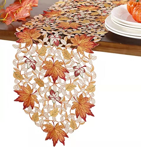 Fall Halloween Table Runner 13x36 Inches with Embroidered Pumpkins and Maple Leaves - Autumn Decor
