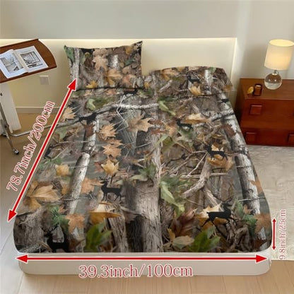 Breathable Bed Sheet Set with Pillowcases - Queen Deer Camo Hunting Variation