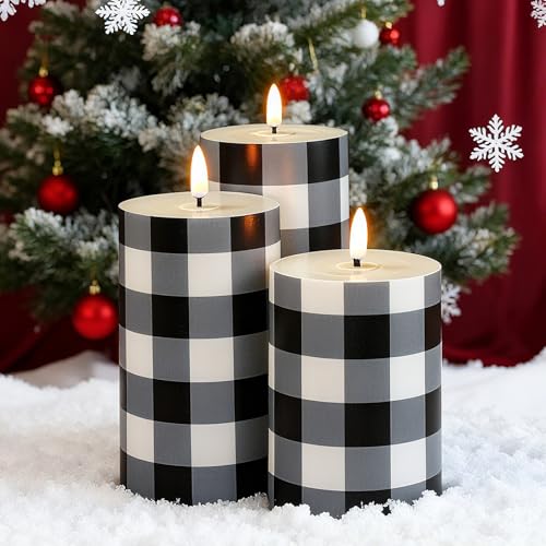 3 Pcs Christmas Buffalo Plaid Flameless Candles - Black & White Holiday Decor