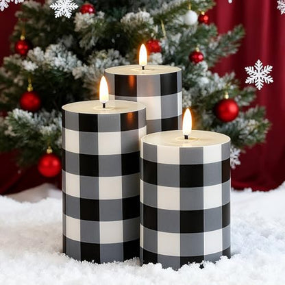 3 Pcs Christmas Buffalo Plaid Flameless Candles - Black & White Holiday Decor