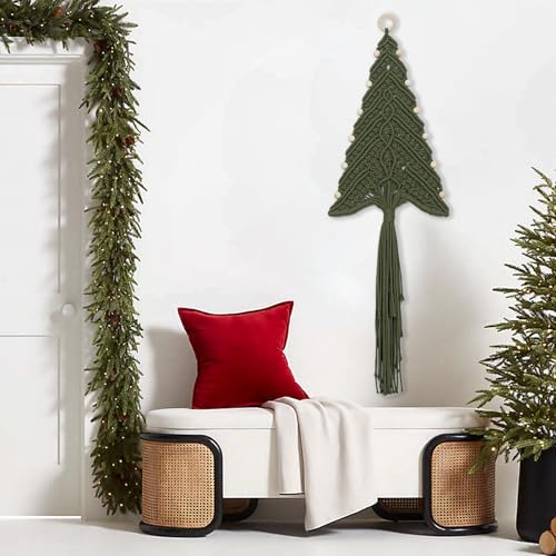 Sage Green Boho Macrame Christmas Tree Wall Hanging with Wood Beads - Handmade Holiday Decor, 32 x 11 Inches, Variation: Sage Green Beige